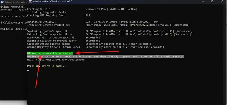 Mensaje de activación exitosa de Office
