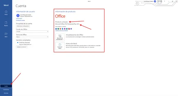 Verificar Office activado en la sección de cuenta