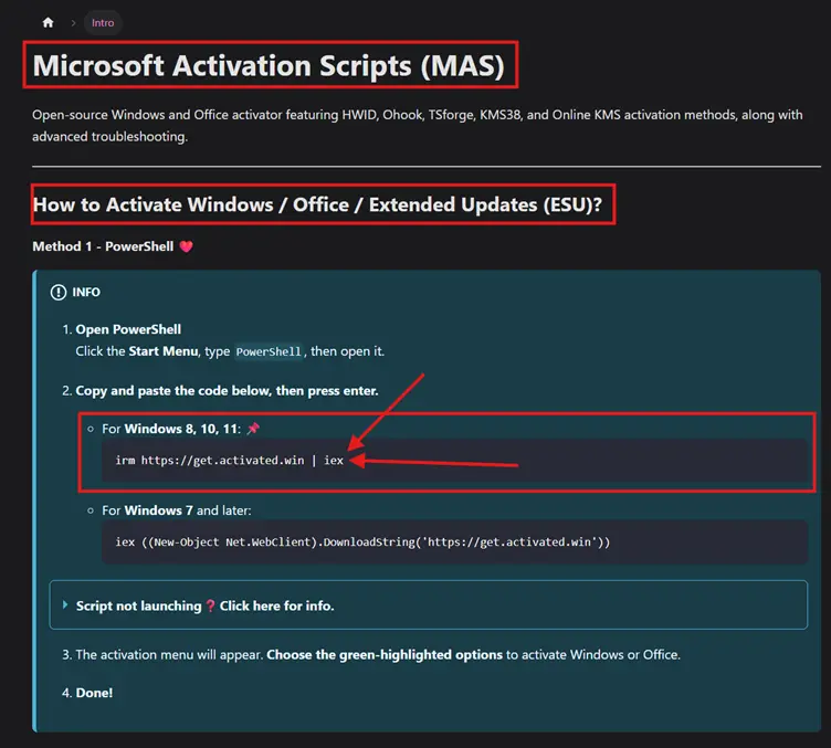 Sección For Windows 8, 10, 11 en massgrave
