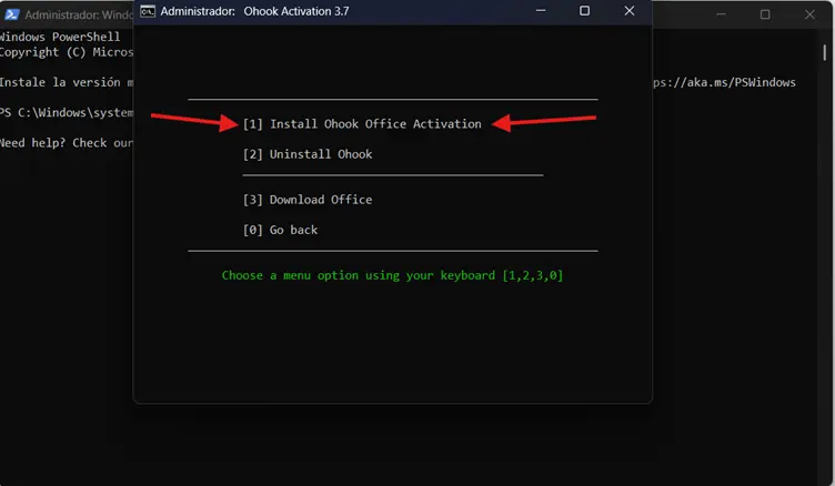 Seleccionar opción 1 en PowerShell para Office
