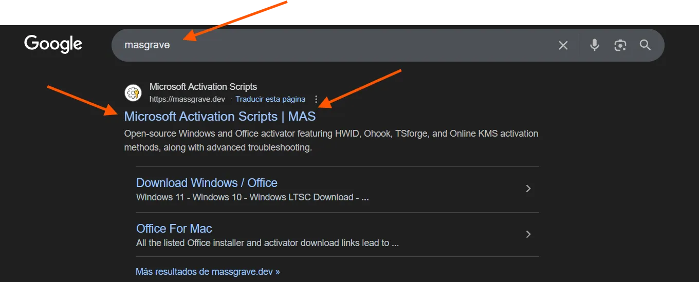 Interfaz del sitio de activación de Windows