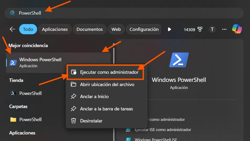 Búsqueda de Windows PowerShell en el buscador de Windows