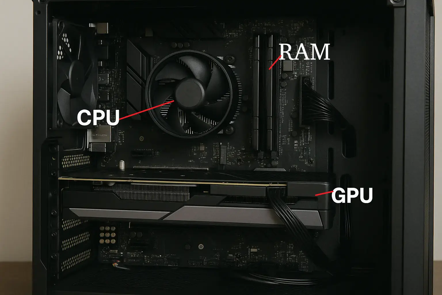 PC gaming abierto mostrando CPU, GPU y RAM