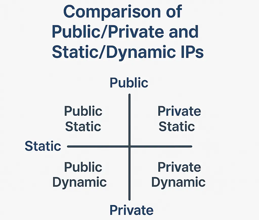 Diagrama comparativo de IP públicas/privadas y estáticas/dinámicas